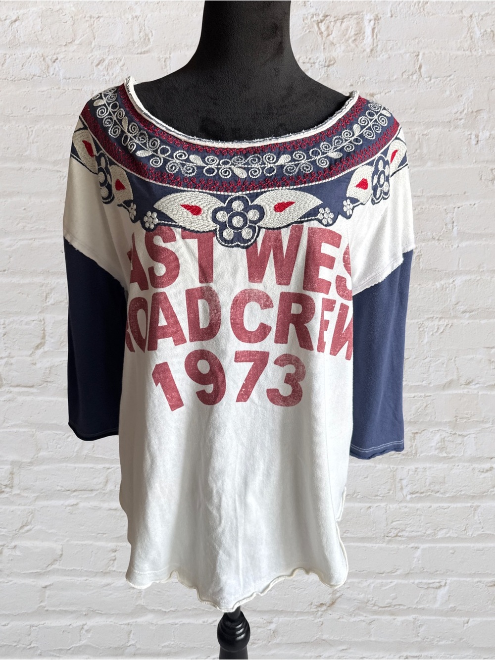 Free People East West Road Crew embroidered Graphic Top in White, Navy & Red